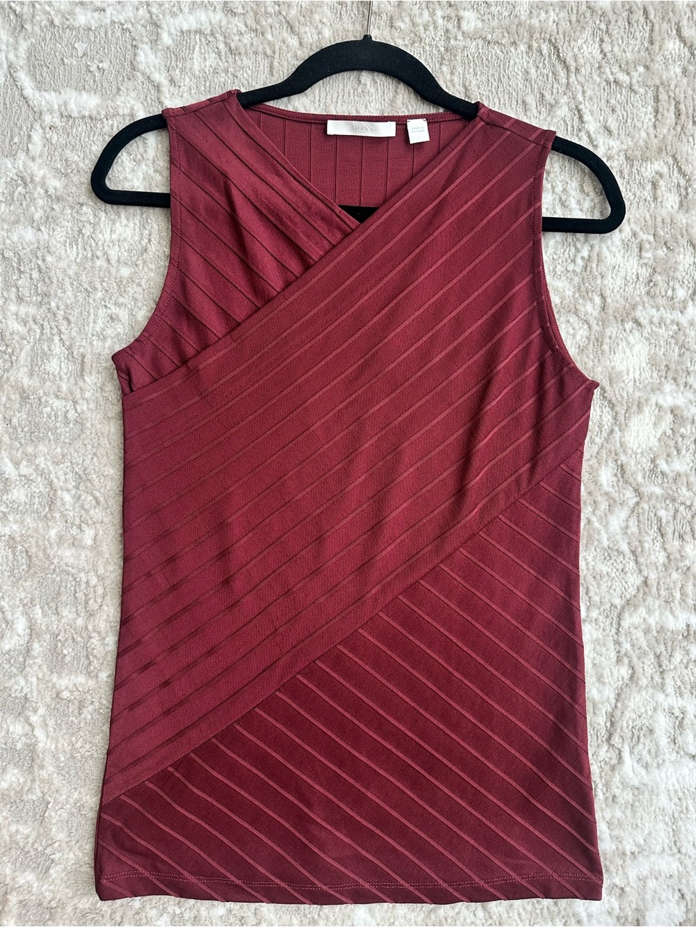 Hugo Boss Boss Womenโs Top Sleeveless, Ecasi, Burgundy , Faux Wrap Size M/L